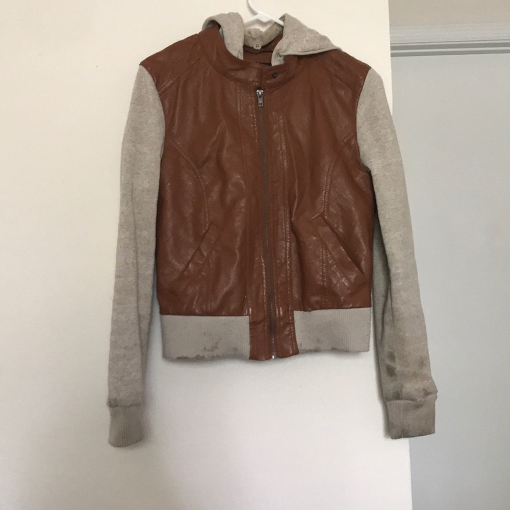 Ambiance brown faux leather jacket w wool sleeves